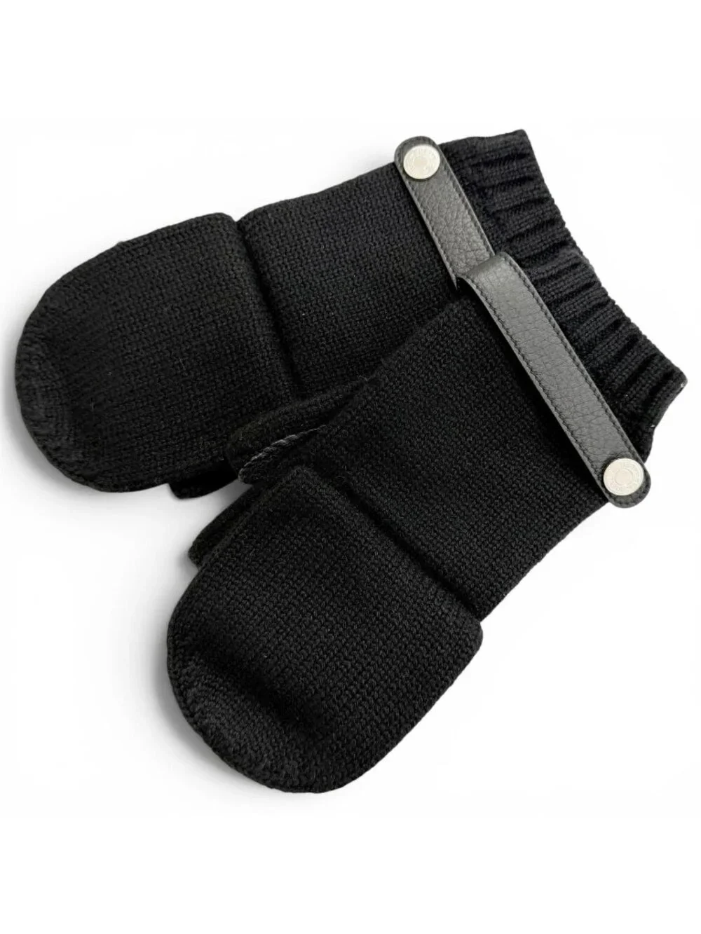 Hermes Lionel Cashmere 100% Series Button Deerskin Leather Knit Gloves Mittens